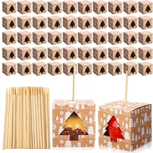 50 Sets Christmas Candy Apple Boxes with Hole and Stick Caramel Apple Box Kit Cake Cookies Gift Packaging with Clear Window for Wedding Winter Party Supplies