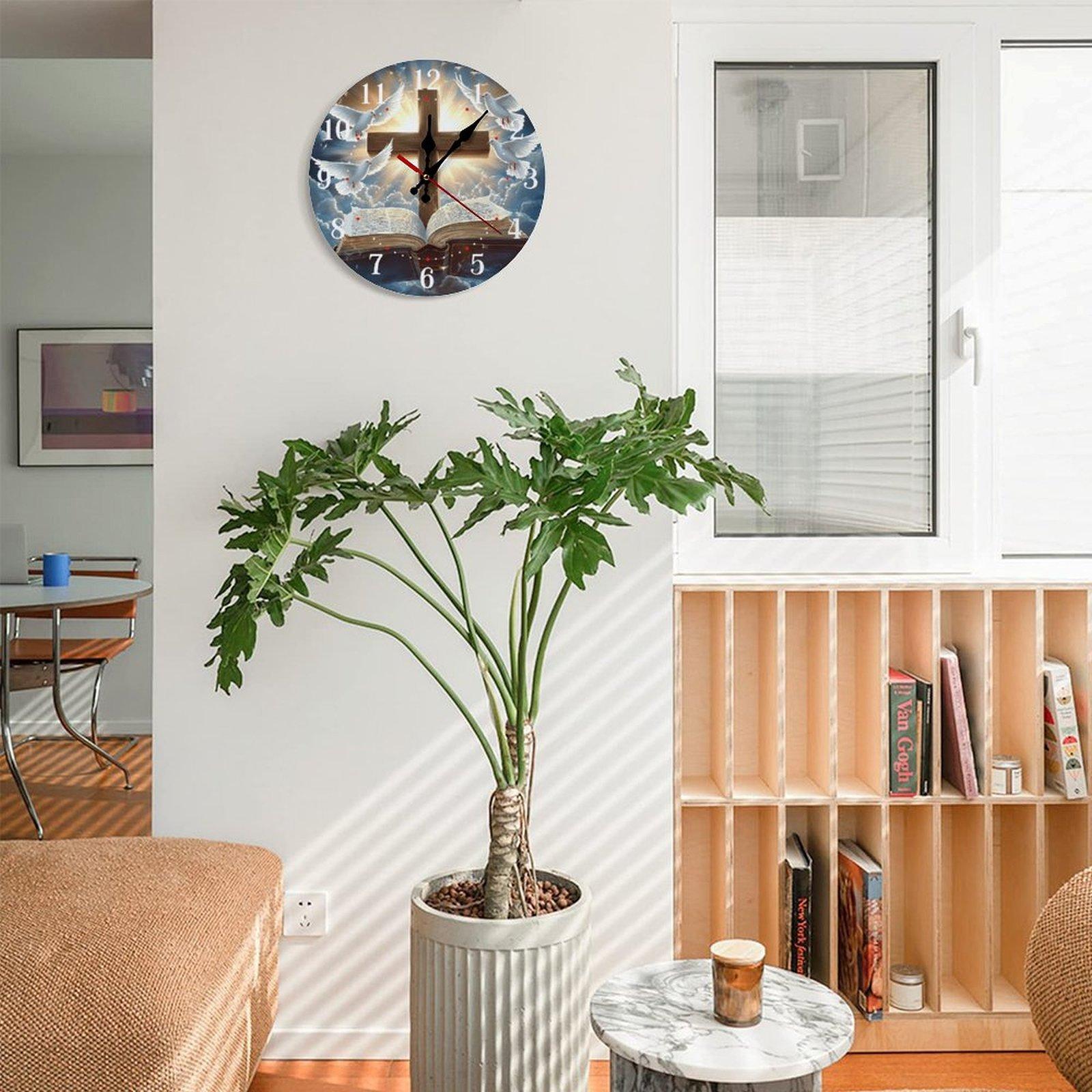 12 Inch Christian Cross Bible Dove Wooden Wall Clock | Silent Non-Ticking Religious Christian Decor, No Battery Included, Perfect for Home, Church, Prayer Room