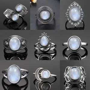 Vintage 925 Sterling Silver Natural Moonstone Rings Bohemia Oval Shape Retro Ring Gifts Fine Jewelry for Women Men