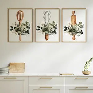 3 Piecss Spatula Whisk Rolling Pin Canvas Print Kitchen Utensils Floral Wall Art Modern Floral Paintings Café Dining Room Painting Bakery Kitchen Decor No Frame