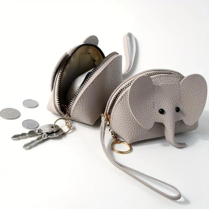 Women's Cute Elephant Shape Coin Purse Set - Mini Size Compact Animal-Themed Bag with Zip Closure, Wrist Strap, Zipper Card Holder