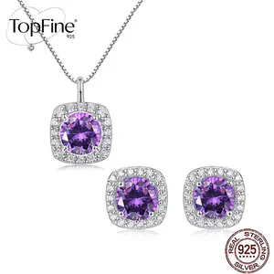1 Set Genuine 925 Sterling Silver Amethyst Purple Cubic Zirconia Engagement Pendant Necklace Jewelry Set For Women, Festivall Anniversary Gift