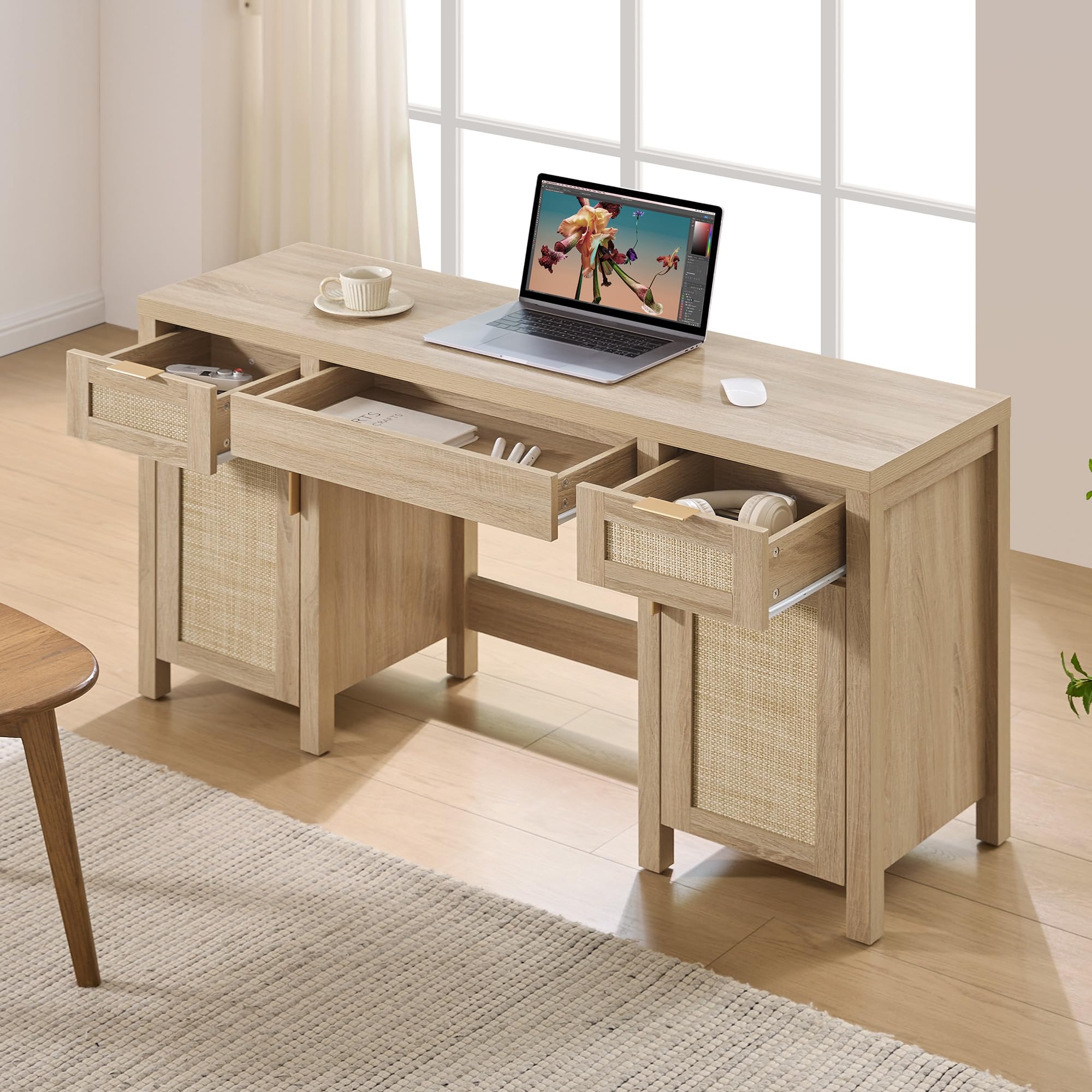 SICOTAS Rattan Vanity Home Office Desk - 52" Large Farmhouse Boho Makeup Vanity Dressing Table with 3 Drawers & 2 Storage Cabinets, Vanities Desk for Makeup Room,Bedroom, Home Office