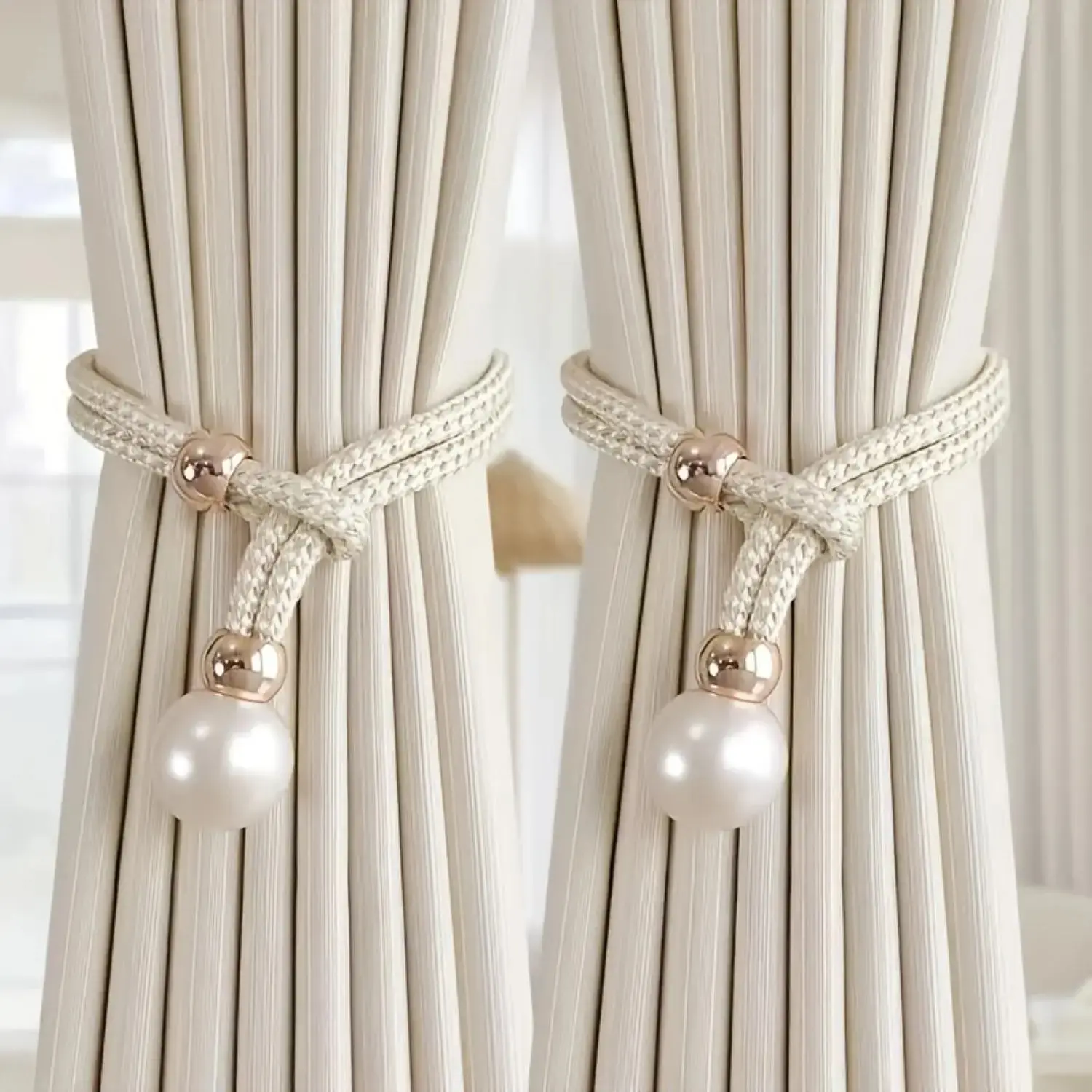Humwam 2-Pcs Decorative Pearl Accent Curtain Tieback, Adjustable Rope Holder, Decorative Tie for Home Window Textile Soft Furnishing Accessory