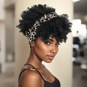 VOSILK Short Afro Black Headband Wigs for Black Women Afro Curly Headband Wig with Bangs Scarf Wigs Natural Black Wig with Headband Attached Headwrap Wigs