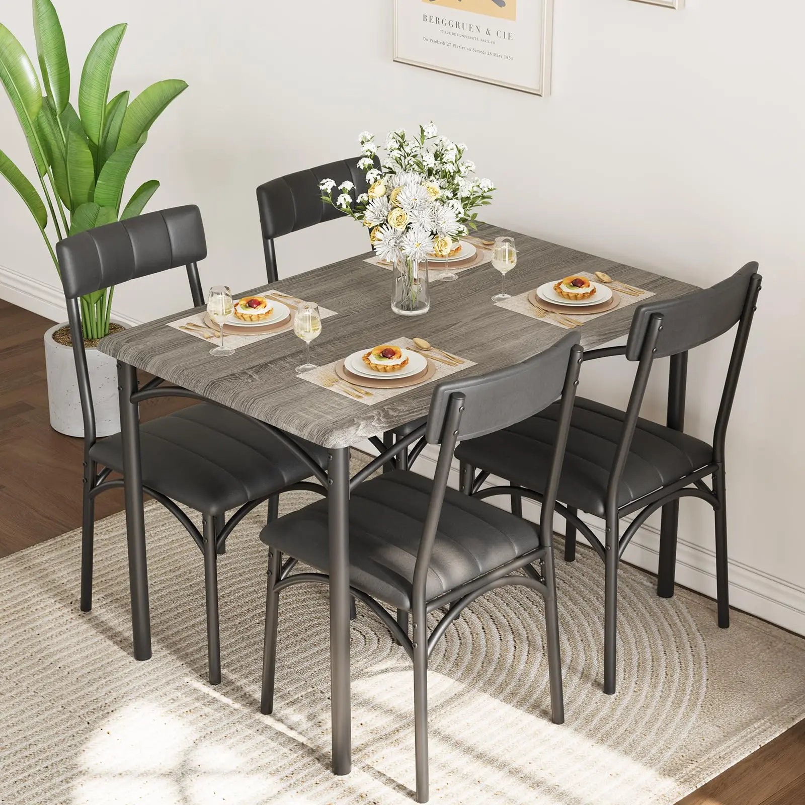 Garvee 5-Piece Rustic Dining & Bar Furniture Set - Upholstered Chairs, Counter Height Stools (Gray, Black, Brown Finishes) - Comfortable Seating, Easy Assembly for Small Spaces, Apartments, Dining Table Set