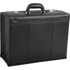 212 MAIN Men's Professional Leather Pilot Briefcase - Black Top Grain Cowhide Leather Bag with Combination Locks, Metal Buckle