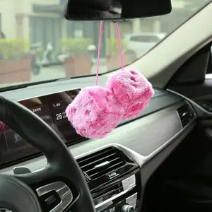 Pink Fuzzy Dice for Car Rear View Mirror, Pair of 2.75" Plush Dice Retro Hanging Ornaments Car Interior Rearview Mirror Decor Accessories (Pink)