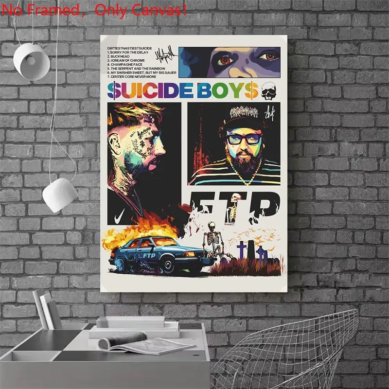 1 piece/set frameless canvas painting print poster, Graphic Prints, Decorative, Popular hip-hop culture Characters realism art, Suicideboys Music, a gift for Rap Music loves, ideal gift for bedroom, living room, mural, wall decoration, room decor