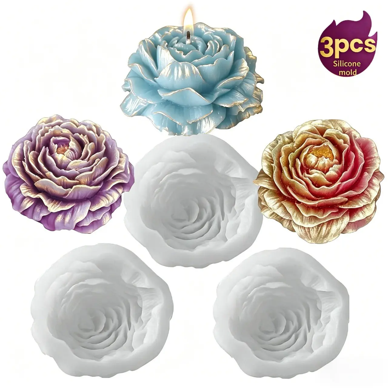 3pcs Peony Silicone Mold for Candle Making, Candle Making Supplies, Ideal for Scented Candles, Resin, Clay, Gypsum, Easy Demolding, Wedding and Valentine Decorations, Soap Molds