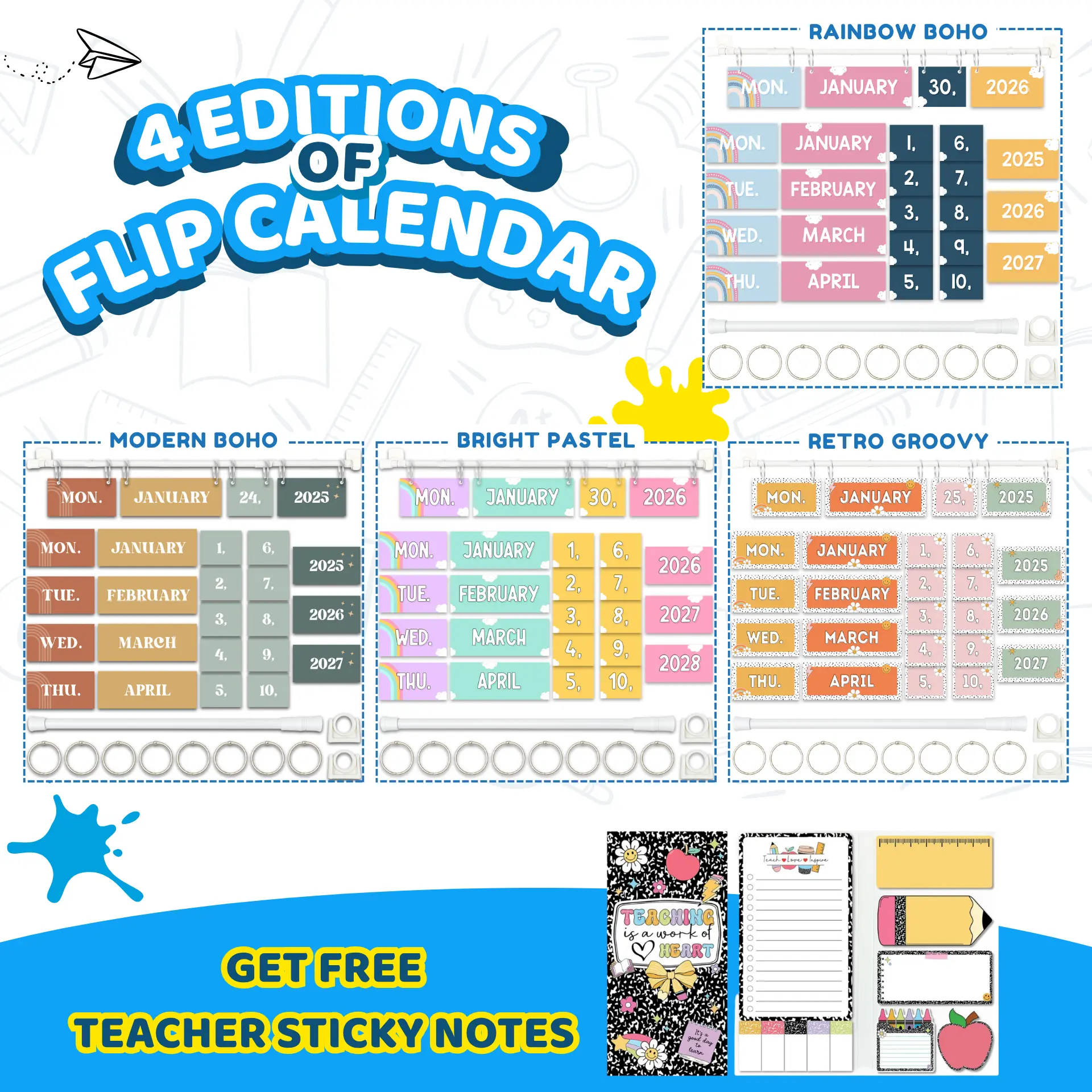 [GIFT] BrightenKidz Flip Calendar For Classroom, Years 2026 - 2028, Bulletin Board Calendar Set With 53 Date Cards, Adjustable Rod 15.7" - 27.6" & 8 O-rings, Mounting Hooks, Ideal For Teacher, Homeschool & Student Learning Wall Decor