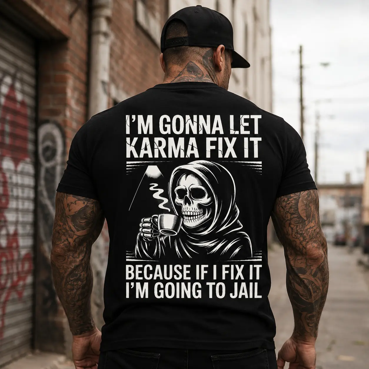Men's Let Karma Fix It Reaper Skull T-Shirt - Soft Cotton, Bold Graphic Print, Short Sleeve Round Neck, Biker Grunge, All Seasons Streetwear, Cold Wash Safe, Printed Back, Strong Contrast, Drawstring Compatible Menswear Top