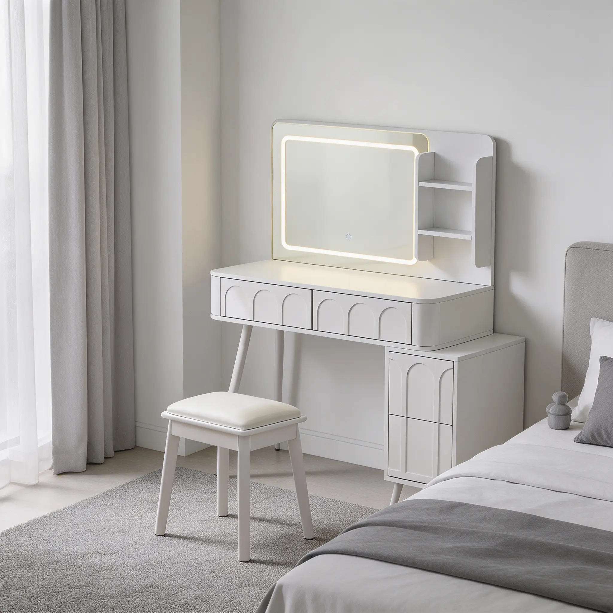 White Modern 4-Drawer Dresser Vanity Desk Set with LED Mirror, Stool, 3-Color Adjustable Lighting, Engineered Wood Fluted (Waveform) Panels, Sliding Shelf, Space-Saving for Bedroom, Includes Manual