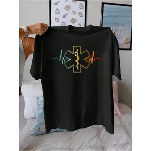 100% Cotton EMT Heartbeat Medical Worker First Responder Health Worker T-Shirt graphic tees men crop tops summer outfits for men summer tops T-Shirt