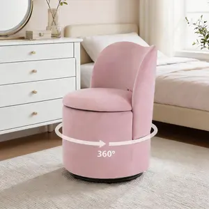 Garvee Velvet Vanity Chair with Storage, 360° Swivel Makeup Chair with Back, Modern Swivel Accent Stool Barrel  Chair Upholstered Ottoman Vanity Stool with Back for Bedroom, Dressing, Living Room, Pink
