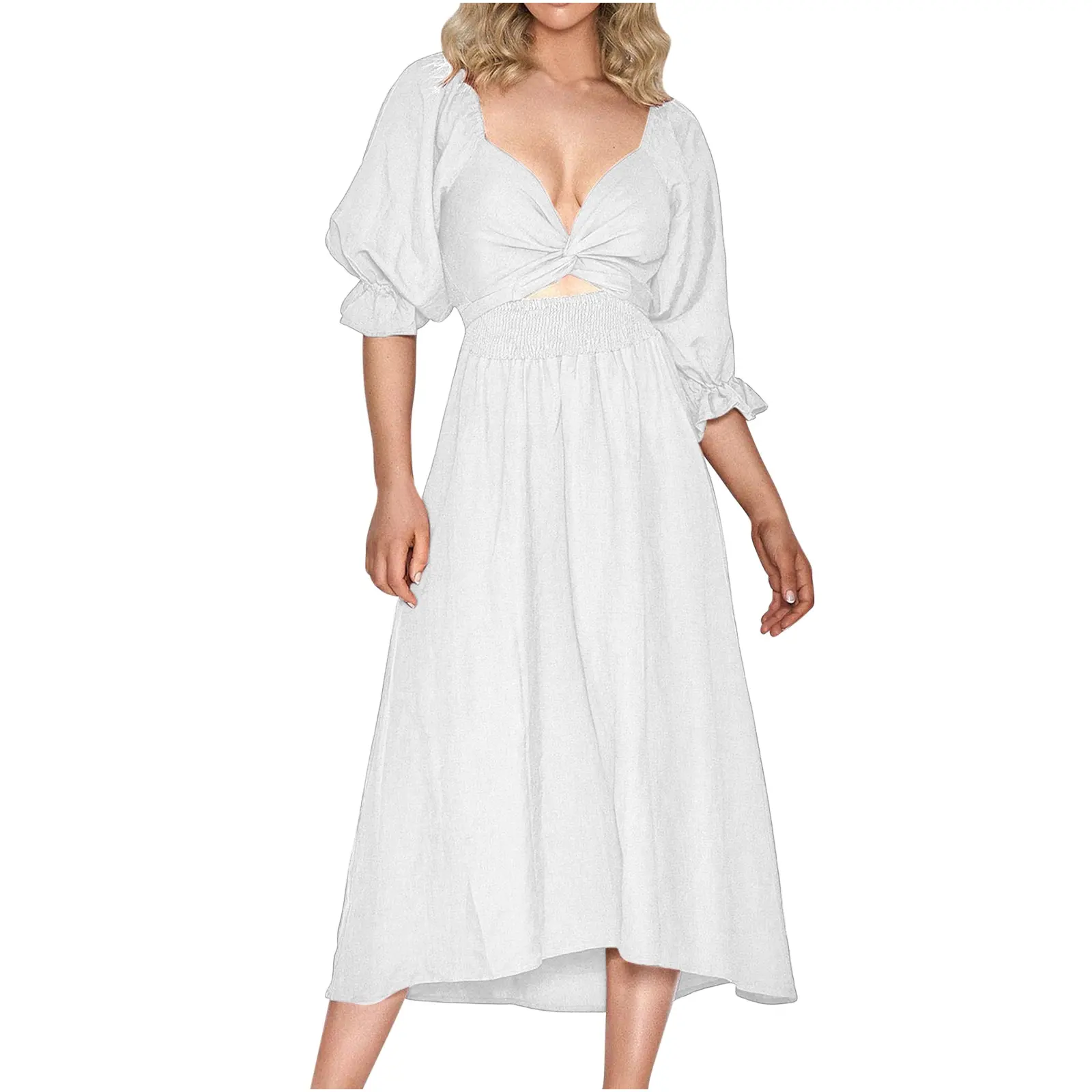 Women's Casual Solid V-Neck Midi Dress with 3/4 Lantern Sleeves, Minimalist Polyester Gown with A-Line Skirt, Fabric White Womenswear, Xl