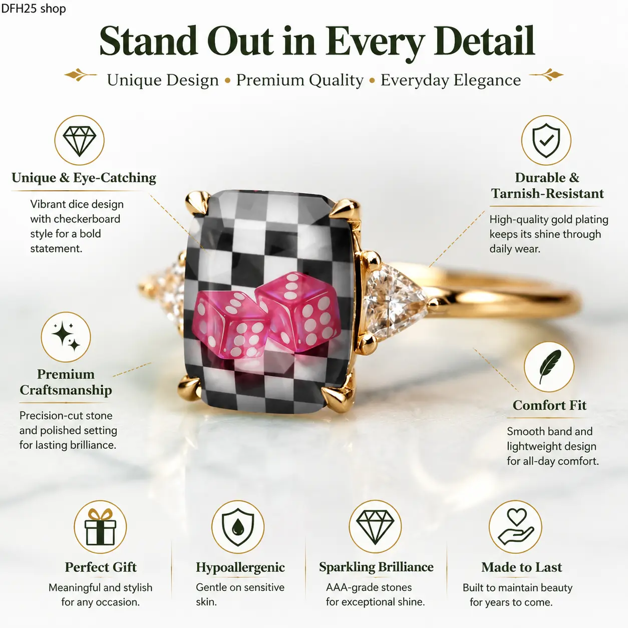 Vintage Dice Checkerboard Square Ring Gold Plated Alloy Band With Crystal Detail Artistic Pattern Statement Jewelry For Women Daily Wear Fashion Accessory Gift Elegant Retro Design