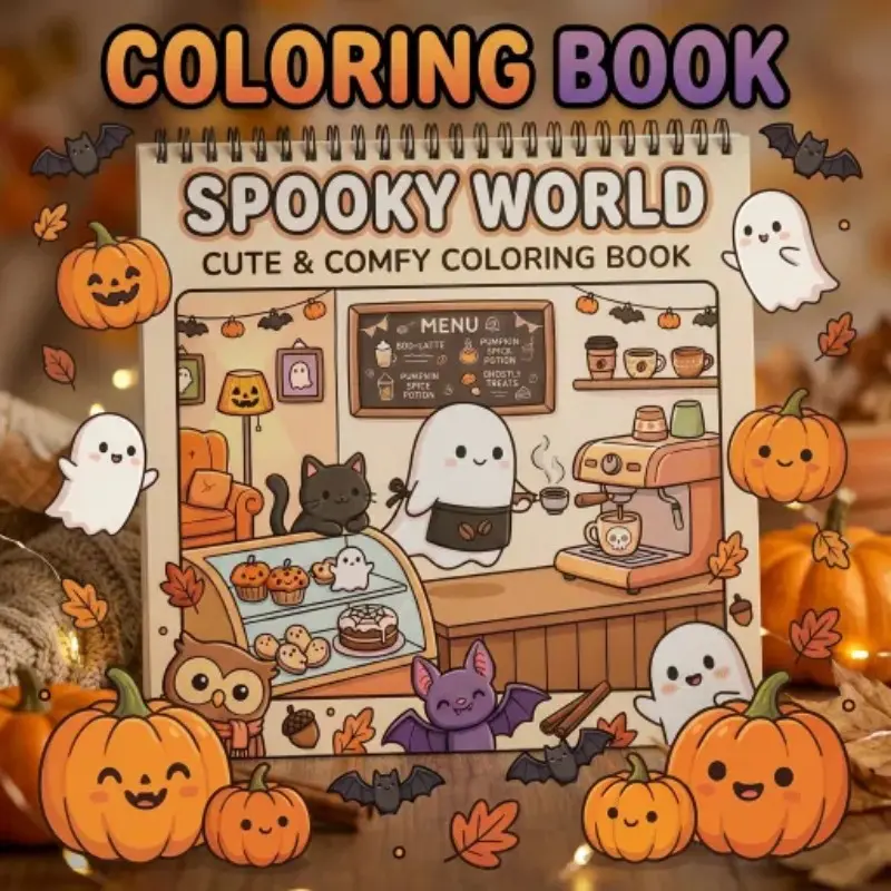 Spooky World Themed Comfy Coloring Book - 24 Pages of Cute & Creepy Designs, Spooky Illustrations - Beginner-Friendly, Art Therapy with Spiral Bound, Opaque Paper - Perfect Gift for Men & Women on Christmas, Valentine's Day & Holidays