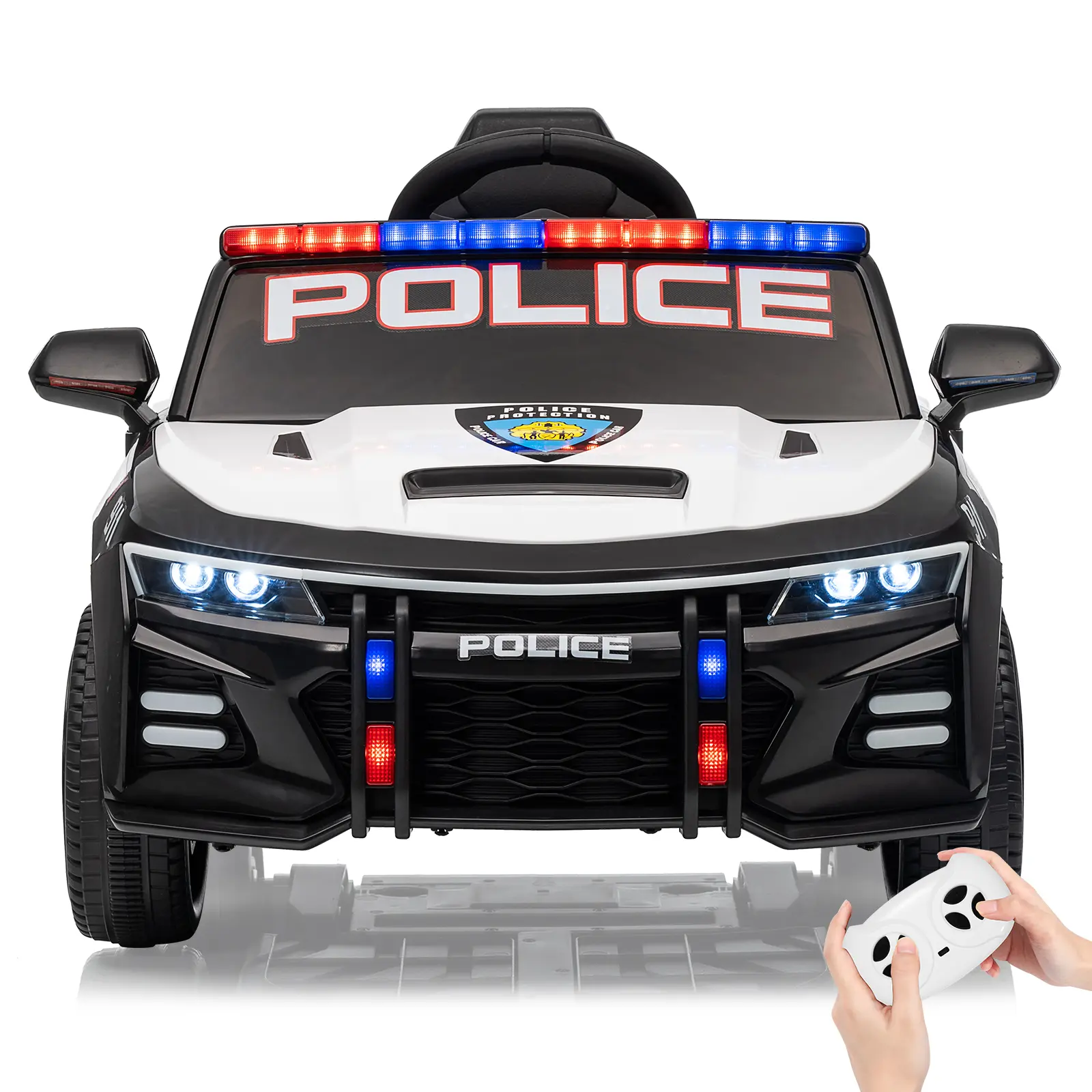12V Kids Police Car Ride-On Toy Vehicle with Remote Control, Flashing Lights, Siren Sounds, Music, Suspension, Assembly Kit, Modular Parts, Realistic Look for 3+ Years Playtime