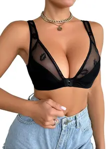 Women's Sexy Lip Print Sheer Buckle Front Bra, Breathable Comfortable Push Up Bra, Women's Curvy Sexy Lingerie for All Seasons