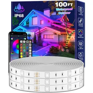 100Ft Outdoor  LED Strip Lights, Sync RGB IP65 Led Lights with App Control and Remote,Color Changing  Led Rope Lights for Outdoor,Balcony,Roof,Garden,Stairs Party