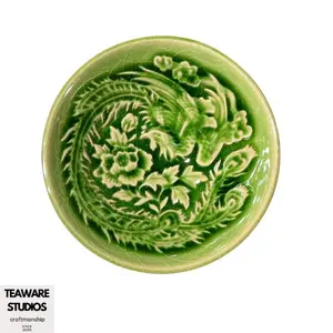 Green Crackle Glaze Royal Teacup with Embossed Phoenix & Peony Design for Tea Enthusiasts