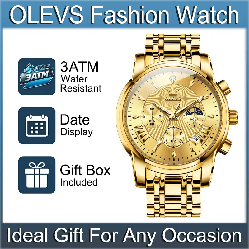 OLEVS 2892 Men's Sport Look Chronograph with Quartz Movement, Roman Numerals, Backlit Hands, Date Window, Secure Clasp, 3ATM Daily Resistant, 12 Months Warranty, 3Atm Daily Water Resistant