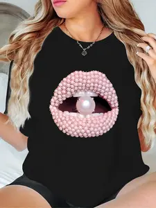Women's Lip & Pearl Print Round Neck Tee, Fashion Casual Crew Neck T-Shirt for Daily Holiday Vacation Outdoor Wear, Ladies Clothes for Summer