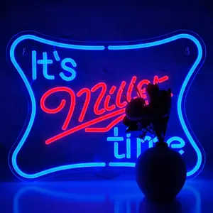 Miller Time Neon Sign for Wall Decor Handmade Dimmable Beer Pub Bar Home Decor Gift for Beer Bars Game Rooms & Man Caves with Blue Red Lights