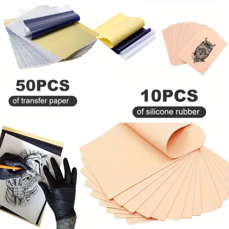 10 Pcs Tattoo Practice Skin and 50 Pcs Tattoo Transfer Paper,Tattoo Practice Skin with Transfer Tattoo Fake Skin and Stencil Paper Set,Ideal for Beginners Experienced Artists,Christmas Party Gifts,Hand Tools Kits