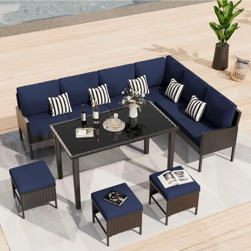 7-piece Outdoor Backyard Waterproof Seat Cushion, Glass Table, Patio Furniture