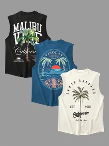 Men's Letter & Palm Tree Print Round Neck Tank Top, Regular Fit Casual Graphic Sleeveless Vest for Summer, Men's Top for Daily Wear, Menswear, Tank Tops Workout