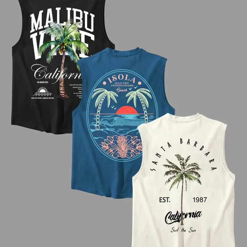 Men's Letter & Palm Tree Print Tropical Round-Neck Tank Top, Regular-Fit Casual Graphic Sleeveless Vest for Summer Daily Wear, Workouts and Fitted Tank