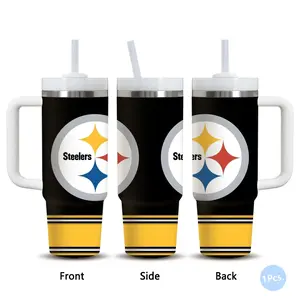 Popular Club S-Steelers Vacuum Flasks 40oz Stainless Steel Vacuum Insulated Tumbler with Handle & Straw | Long-Lasting Cold & Heat Retention, Leak-Resistant | For Iced Coffee, Water, Office, Gym & Travel