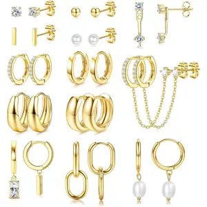 YADOCA 13 Pairs Small Stud Hoop Earrings Set for Women Hypoallergenic Gold Plated Huggie Hoops Pearl Dainty Lightweight Earrings for Gift