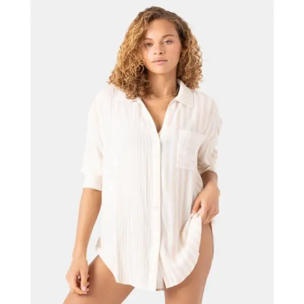 ROXY STRIPE OUT Cover Up Shirt - Oversized Button Down Beach Blouse in Egret White Lightweight Textured Woven Blend for Resort Wear - Top, Beach Outdoor Wear, Swimwear Coverups, Beach-To-Street Transitions
