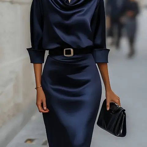Elegant Satin Lapel Waist Cinched Long Sleeve Lady Dress, Pure Color Slim Fit, Business Occasion, Formal Evening Party, Evening Event Clothing, Fashionable and Stylish, Minimalist, Chic