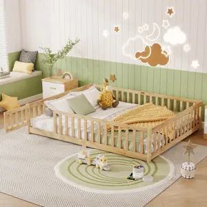 Bellemave Queen Size Rubber Wood Floor Bed with Fence & Door - Solid Wood Platform Bed with 7 Reinforced Slats, Safety Guardrails & Steel Latch, Space-Saving for Teens, Adults & Small Bedrooms