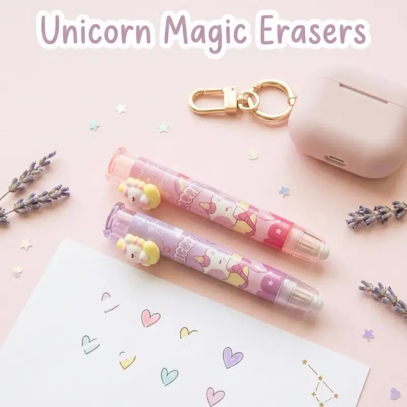 2-Piece Cute Pink & Purple Unicorn Retractable Erasers Kawaii Inspired Stationary for Kids and Adults