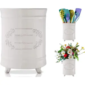 White Ceramic Utensil Holder – Vintage Style Kitchen Caddy – Shabby Chic Countertop Organizer – Rustic French Country Crock for Cooking Enthusiasts