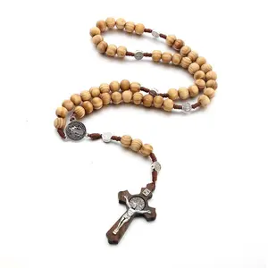 Wood Beads Rosary Catholic Necklaces Cross Crucifix Pendant Religious Jewelry