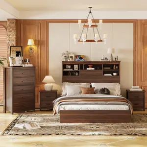 Queen Bedroom Set, 4 Pcs Queen Size Bed Frame Dresser Night Stand Bedroom Set, Queen Platform bed with USB Charging Ports Storage Headboard & 1 x 5 Drawers Cabinet & 2 x Nightstands, Wooden, Walnut