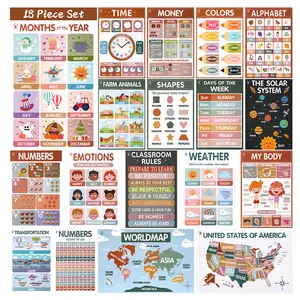 DeerSen 2025 Upgraded Educational Posters for Toddlers 1-3 18pcs Preschool Learning Kit Alphabet Numbers Colors Shapes Bright Colors Classroom Home Learning Tools