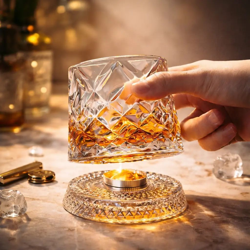 Luxury Spinning Crystal Whiskey Glass Drinkware Gift Set-Cut Stress Relief Whiskey & Wine Glass Elegant European Barware Gift Rotating Glass Cup for Sophisticated Drinkware
