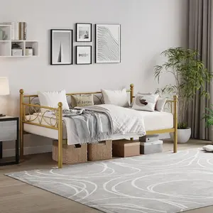 Gold Daybed, Twin Size Metal Day Bed with Floral Headboard, Modern Metal SOFE Bed Frame, Heavy Duty Steel Slats Supports, for Living Room, Guest Room
