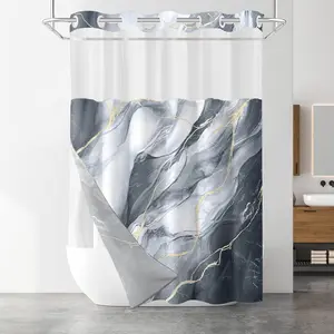 No Hook Shower with Snap in Liner Set, Black Grey Marble, Waterproof Washable Hotel Shower Curtains for with See Through Mesh Top Window 71x74 Inch