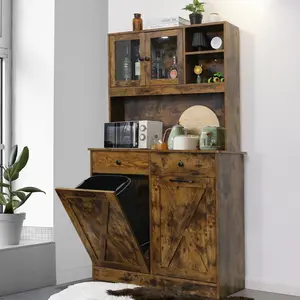 Arlopu Dual Tilt Out Trash&Storage Cabinet, Kitchen Sideboard Cupboard W/Pet Proof 10X2 Gal Hidden Garbage Holder, Freestand Laundry Sort Cabinet, W/Drawer, Shelves,Barn Door