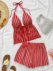 Bohemian Style Textured Striped Halter Top + Shorts, Seaside Vacation Beach Style Two-Piece Set, Elegant Striped Halter Suit Womenswear