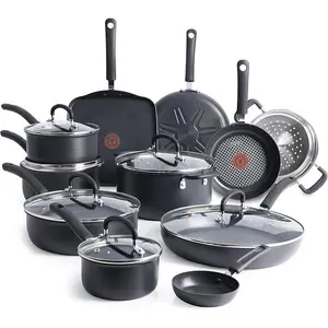 T-Fal Ultimate Hard Anodized Nonstick Pots and Pans Set 17 Piece, Nonstick Cookware Set with Fry Pan, Saucepans, Saute-Pan, Griddle, Dishwasher Safe, Black
