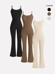 2026 Women's Solid Color Simple Flare Leg Cami Jumpsuit Sleeveless Spaghetti Strap Bell Bottom Romper Summer Going Out Y2K Beach Vacation Flowy Wide Outfits, Nostalgic, Breezy Comfort, Trending Now, Travel Outfit